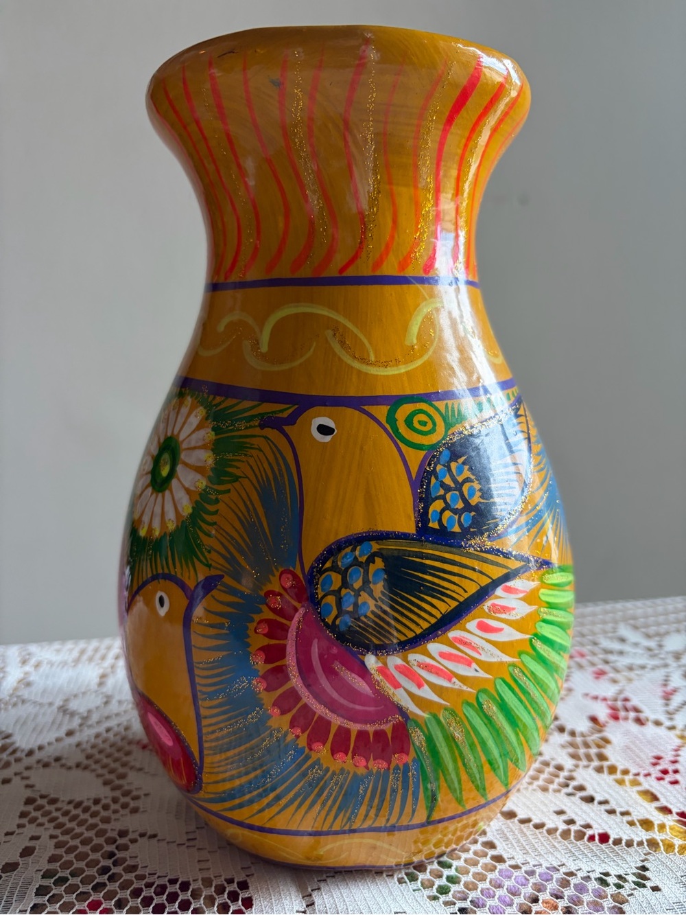 🕊️Hand-Painted Vintage Mexican Folk Art Pottery Bird Flower Vase 8” height
